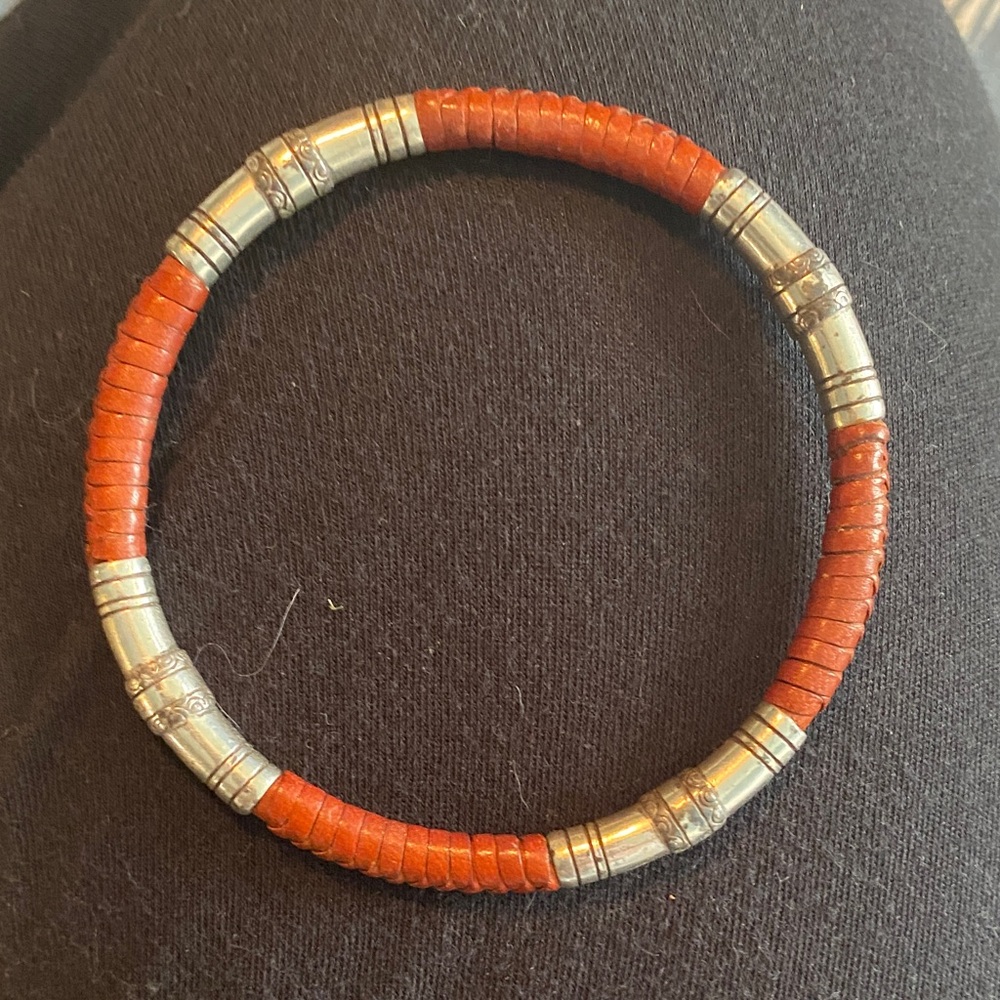Leather and Silver-Tone Bead Stretch Bracelet - Orange